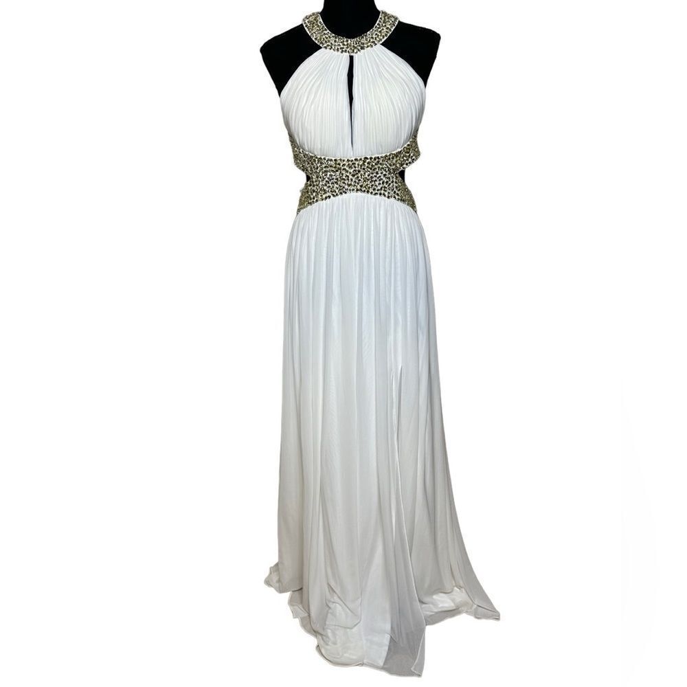 NWT Cinderella Divine white A-line grecian jeweled open back evening dress sz S